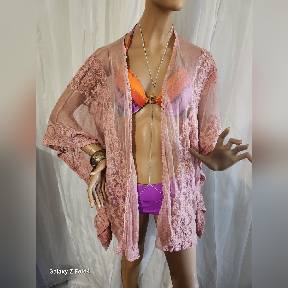 Stella Tweed  Pink Lace Kimono Cover-Up Sz OS